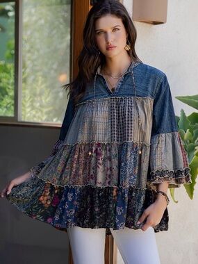 YOUNG THREADS NWT Dress Tunic Denim Plaid Size Medium Large